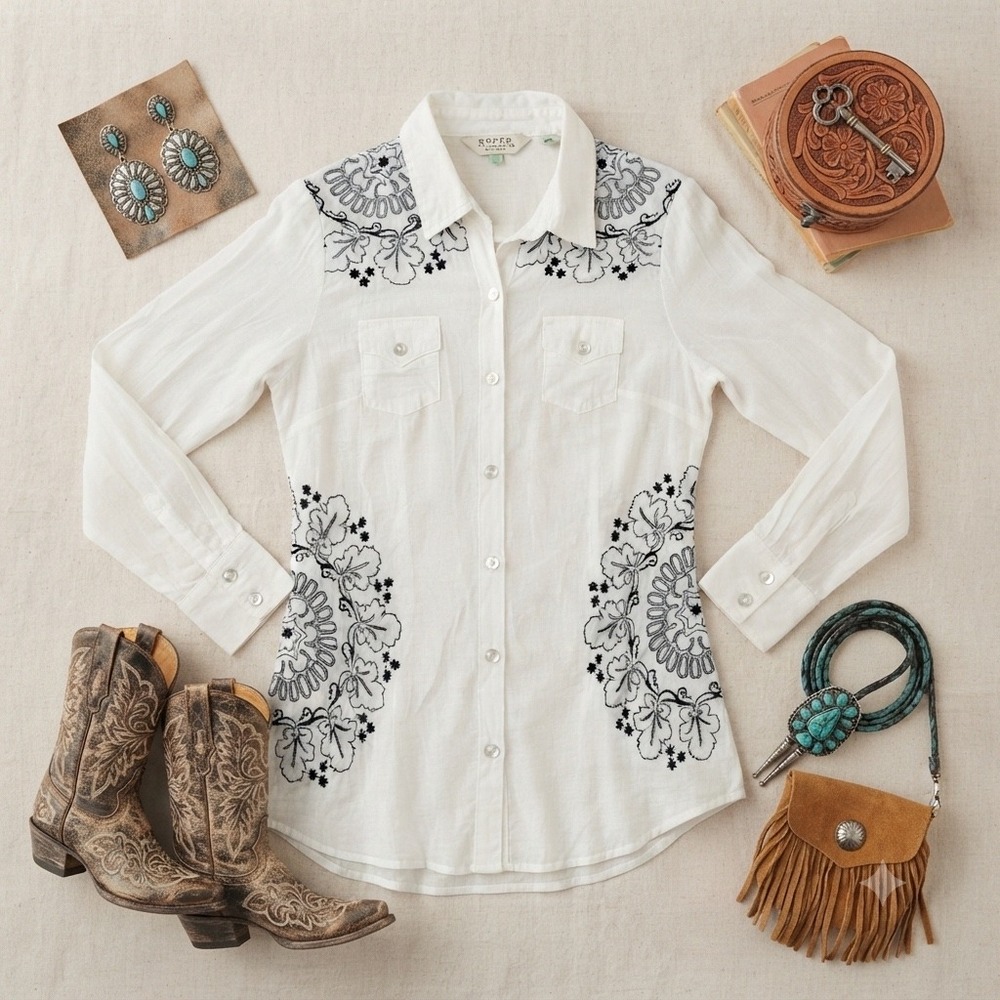 Roper Wear the West Women White Black Embroidered Western Shirt Medium